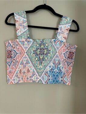 Venus Smocked Sleeveless Crop Top and skirt in Multi-Color Print, Large, Cotton